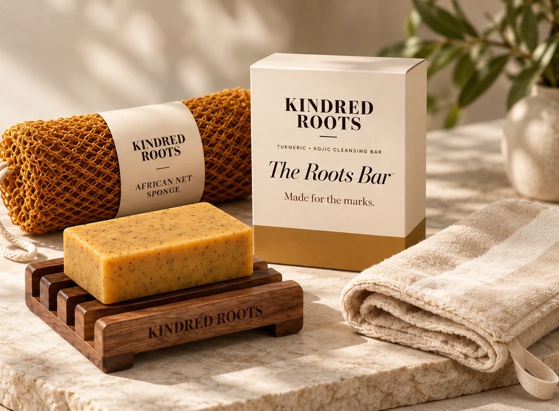 The Roots Bar on a walnut soap dish beside its box, an African net sponge and a folded towel